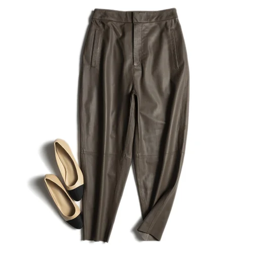 

Trousers Korean Fashion for Women Real Sheepskin Leather Female Brown Harem Pants Spring 2023 Pantalones De Mujer Pph4080