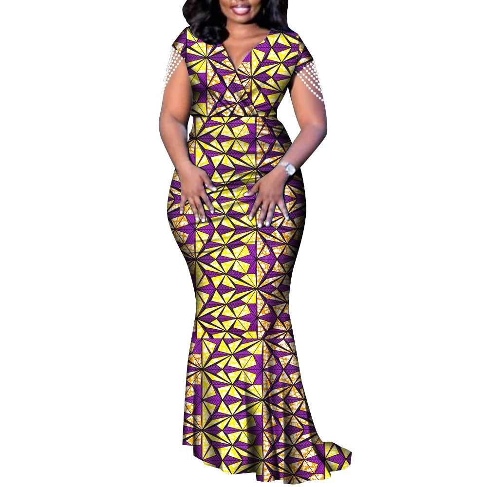 Африканский стиль элегантных вечерних платьев Ankara Fashion с цветочным принтом, V-образным вырезом, складками, жемчужной отделкой и нарядом Dashiki WY9198.