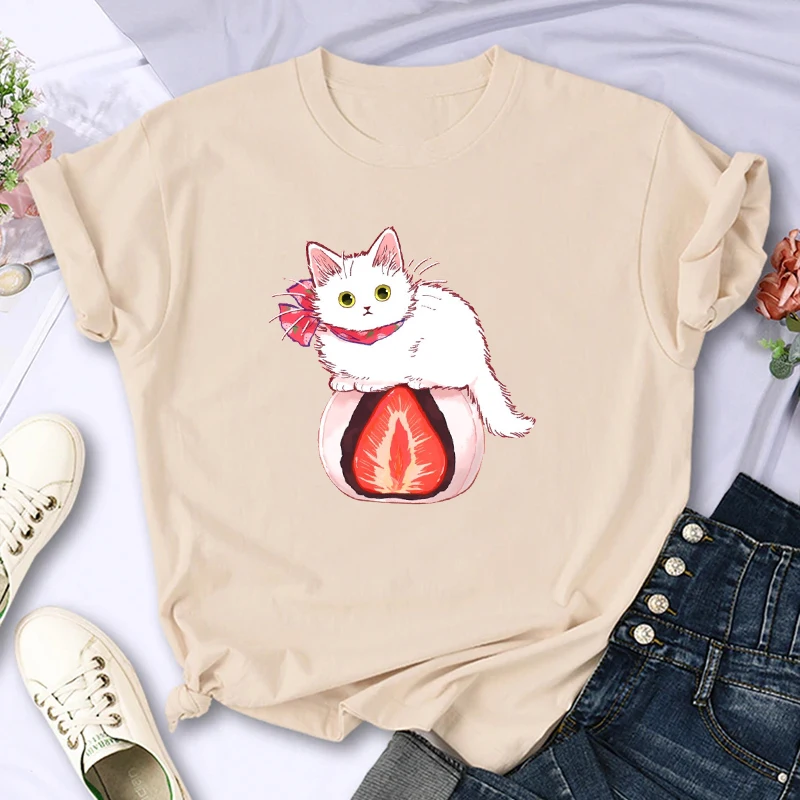 

New Round-Neck Love To Eat Kitten Pattern T-Shirt High-Quality Women Fashion Short-Sleeved Summer Casual Breathable T-Shirt