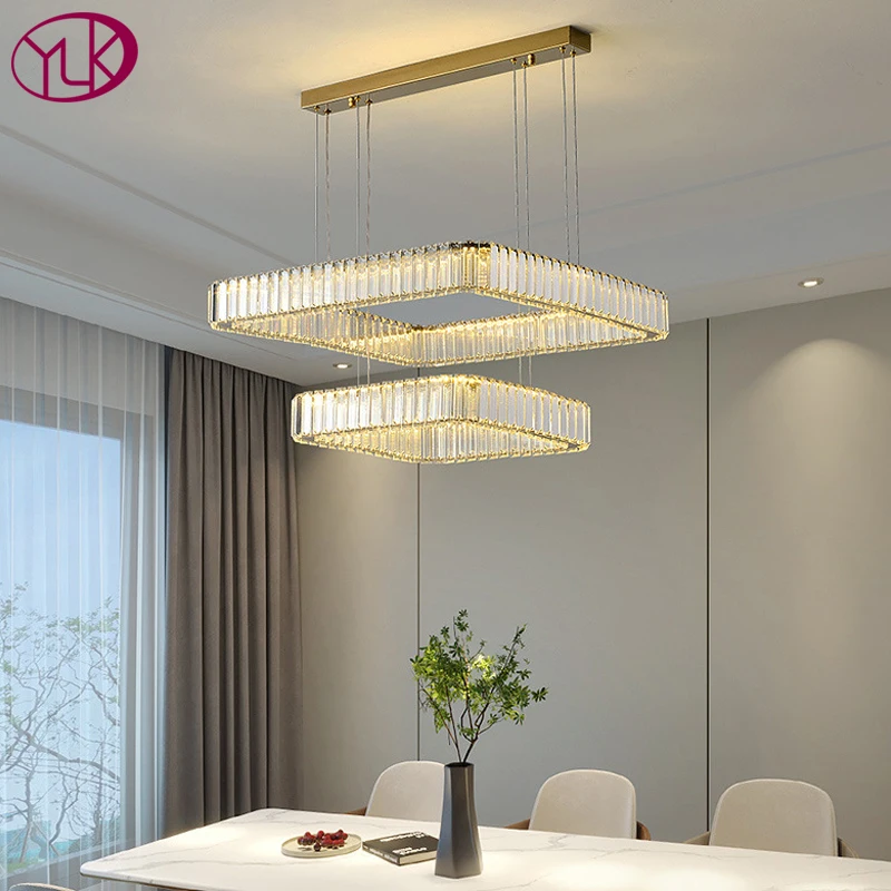 

Современная светодиодная люстра YOULAIKE для гостиной, квадратный дизайн, золотистая/Серебристая хрустальная лампа, для столовой, спальни, подвесной хрустальный светильник