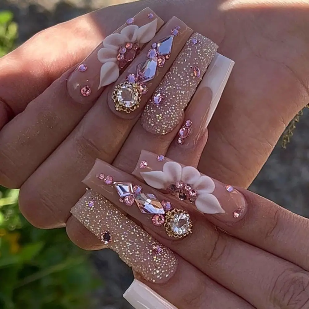 

French False Nails New Long Ballerina Glitter Flowers Fake Nails Detachable Ballet Shoes Nail Tips DIY
