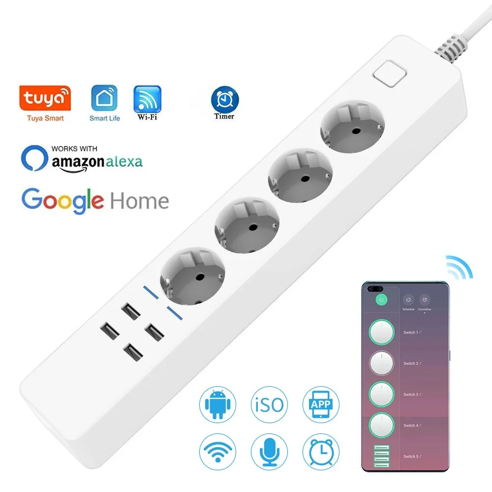 

Smart Power Strip Wifi 4 EU Outlets Plug 4 USB Charging Port Timing App Voice Control Work with Alexa Google Home Assistant