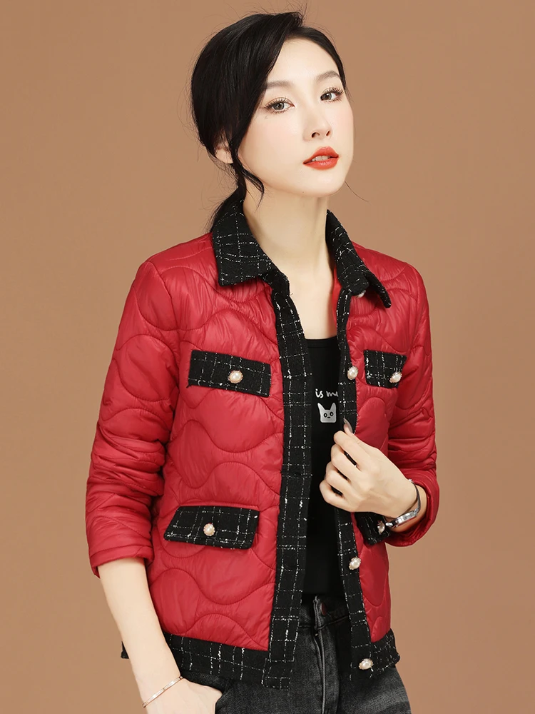 

HCXR женское Стеганое пальто 2023 зимняя винтажная элегантная комбинированная куртка-поло с воротником в стиле ретро Толстая теплая свободная красная верхняя одежда с длинным рукавом