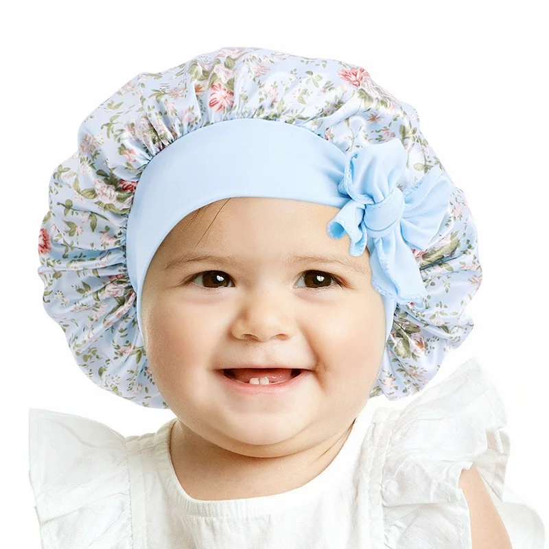 

Adjustable Baby Print Satin Bonnet with Elastic Band Long Tail Children Bonnet Girls High Elastic Night Sleeping Cap Hats