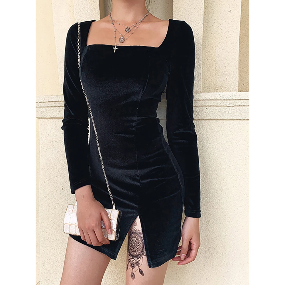 

Split Sexy Women Dress 2023 Velvet Party Clubwear Long Sleeve Slim Female Dress Black Bodycon Dresses for Ladies Solid Mini Robe