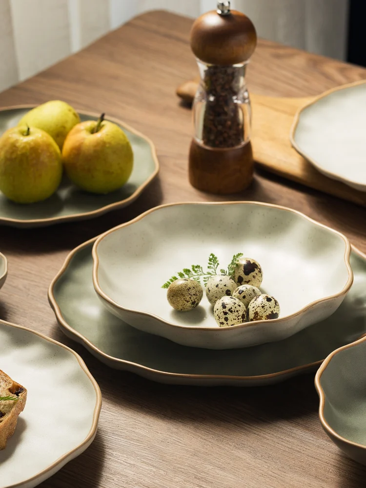 

Японская керамическая тарелка для супа, миска для риса, посуда ручной работы, глубокая тарелка, большая плоская тарелка, кружевная тарелка для овощей, Салатница