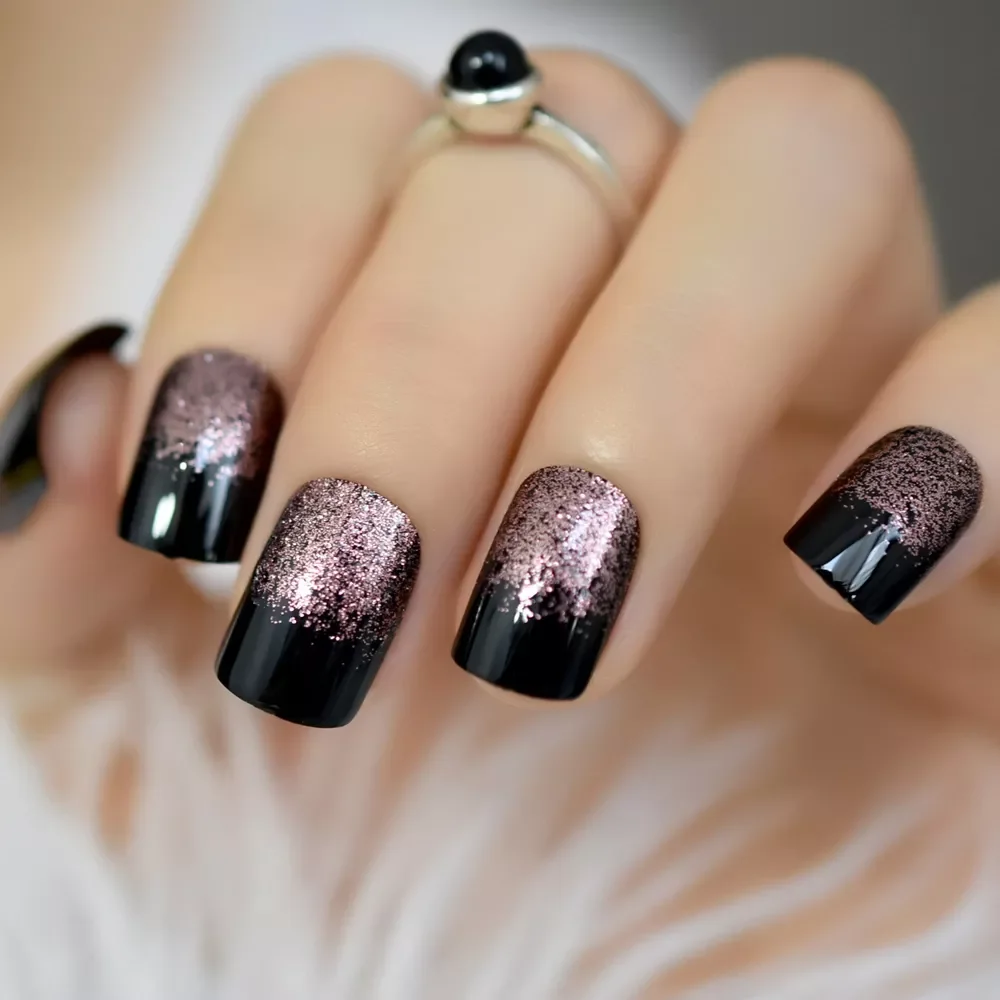 

Studio 24 Artificial Nails Black Square Medium Fake Nail Art Tips gel Rose Gold Glitter Decoration Shimmer Acrylic Nail