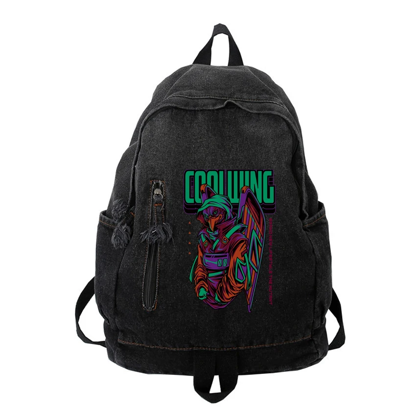 

Funny Eagle Orangutan Cartoon Printed Fashion Women's Men Backpack Hip Hop Harajuku Streetwear Washed Vintage Denim Knapsack