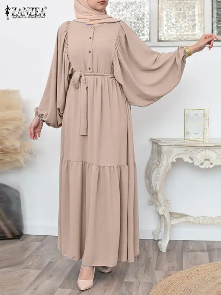 

ZANZEA Elegant Women Casual Belted Jilbab Sundress Long Puff Sleeve Muslim Shirt Dress Oversized Hijab Caftan Islamic Clothing