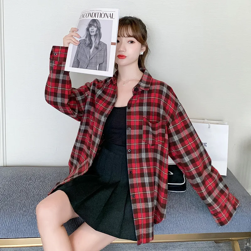 Блузка женская свободного кроя в клетку 100% хлопок с длинным рукавом