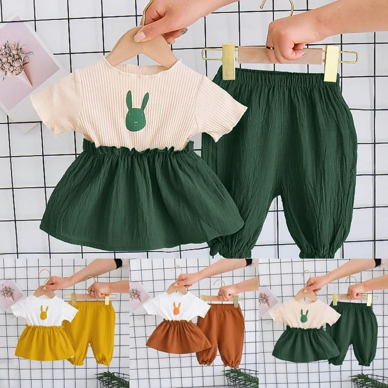 

Summer Girls Clothing Sets Baby Kids Clothes Suit Children Short Sleeve T-Shirt +Pants 2Pcs Set Cartoon Rabbit roupas meninas