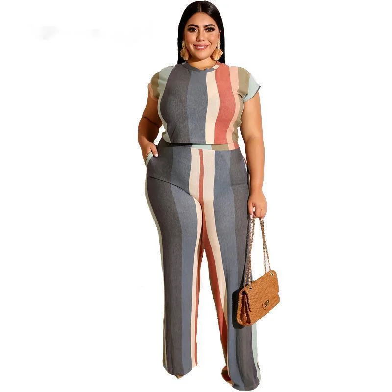 Plus Size Women Sexy Two Pieces Sets Summer 2019 Female Short Top Pants Elasticity Striped Streetwear 3xl 4xl 5xl 6xl