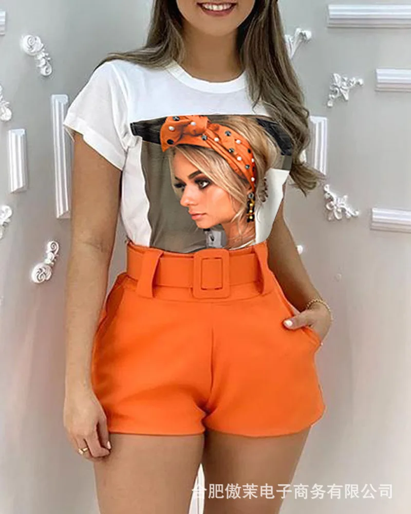 

2022 New Women's Two-piece Suit, White Printed T-shirt + Shorts