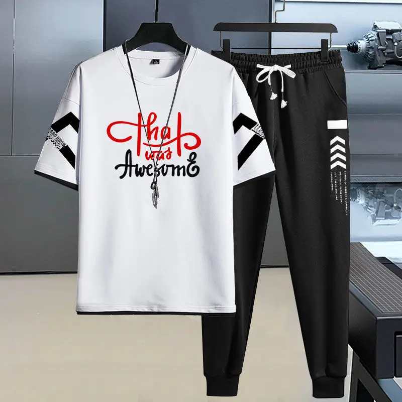 Men's Suit Summer Korean Fashion All Matching and Handsome Short Sleeve T-shirt Large Loose Casual Sports Two Piece Set