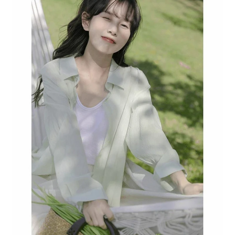 Женская шифоновая рубашка Корейская свободная Солнцезащитная футболка из