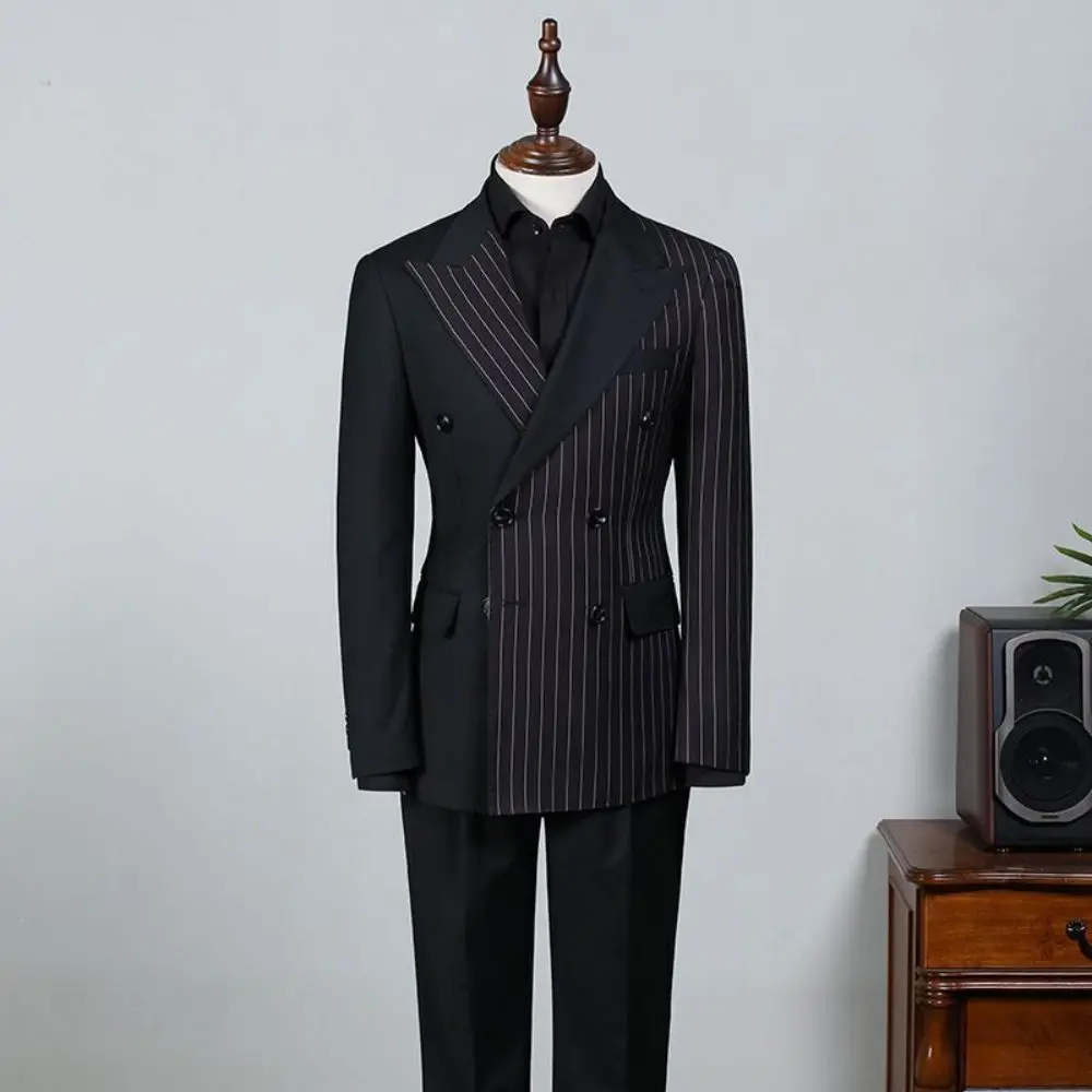 

Double-breasted Black Stripe Double Color Matching Men's Suit Wedding Custom Groom Dress Evening Dress Men Groomsmen Suit