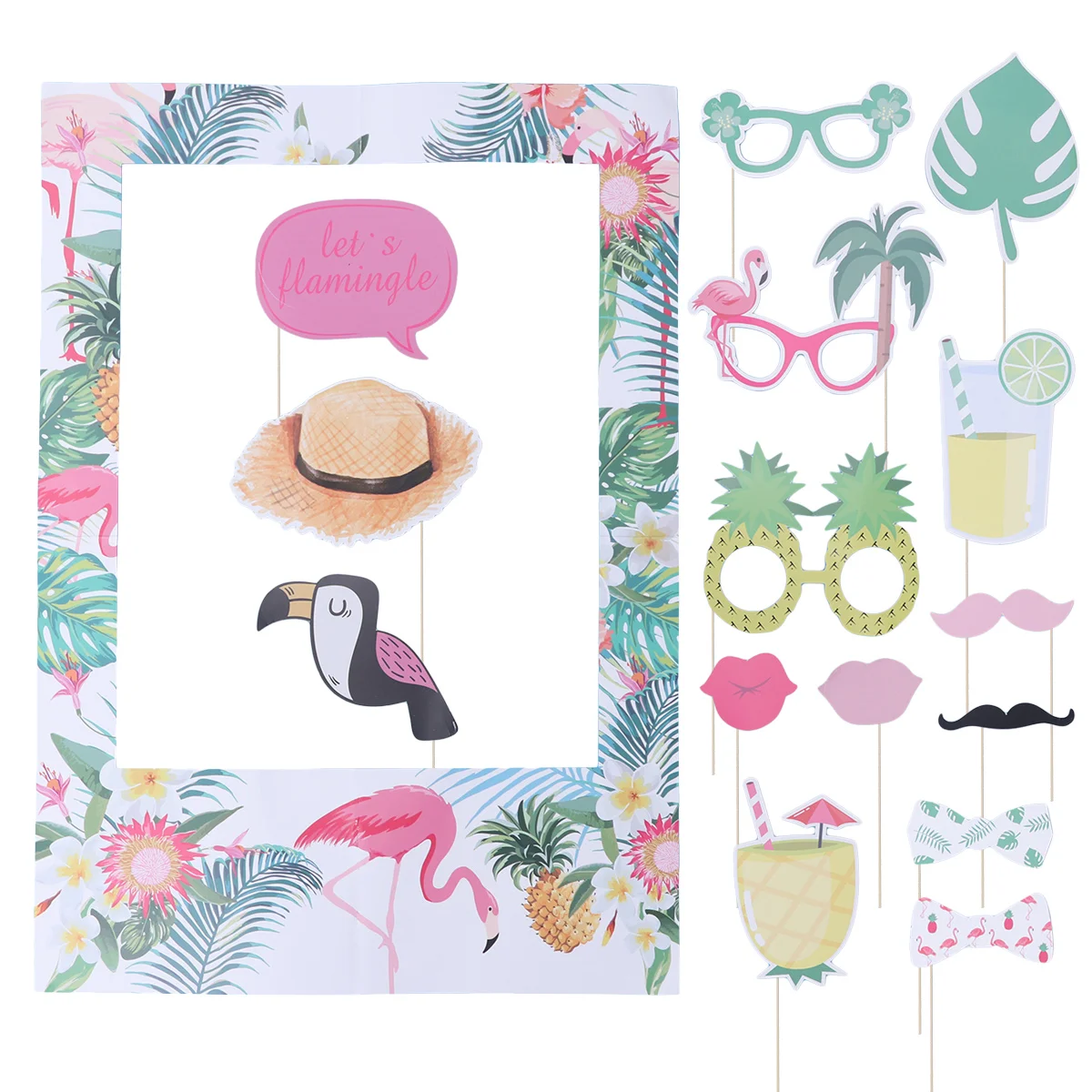 

16 Pcs Frame Picture Tropical Hawaiian Photo Booth Set Flamingo Pineapple Props Luau Party Supplies