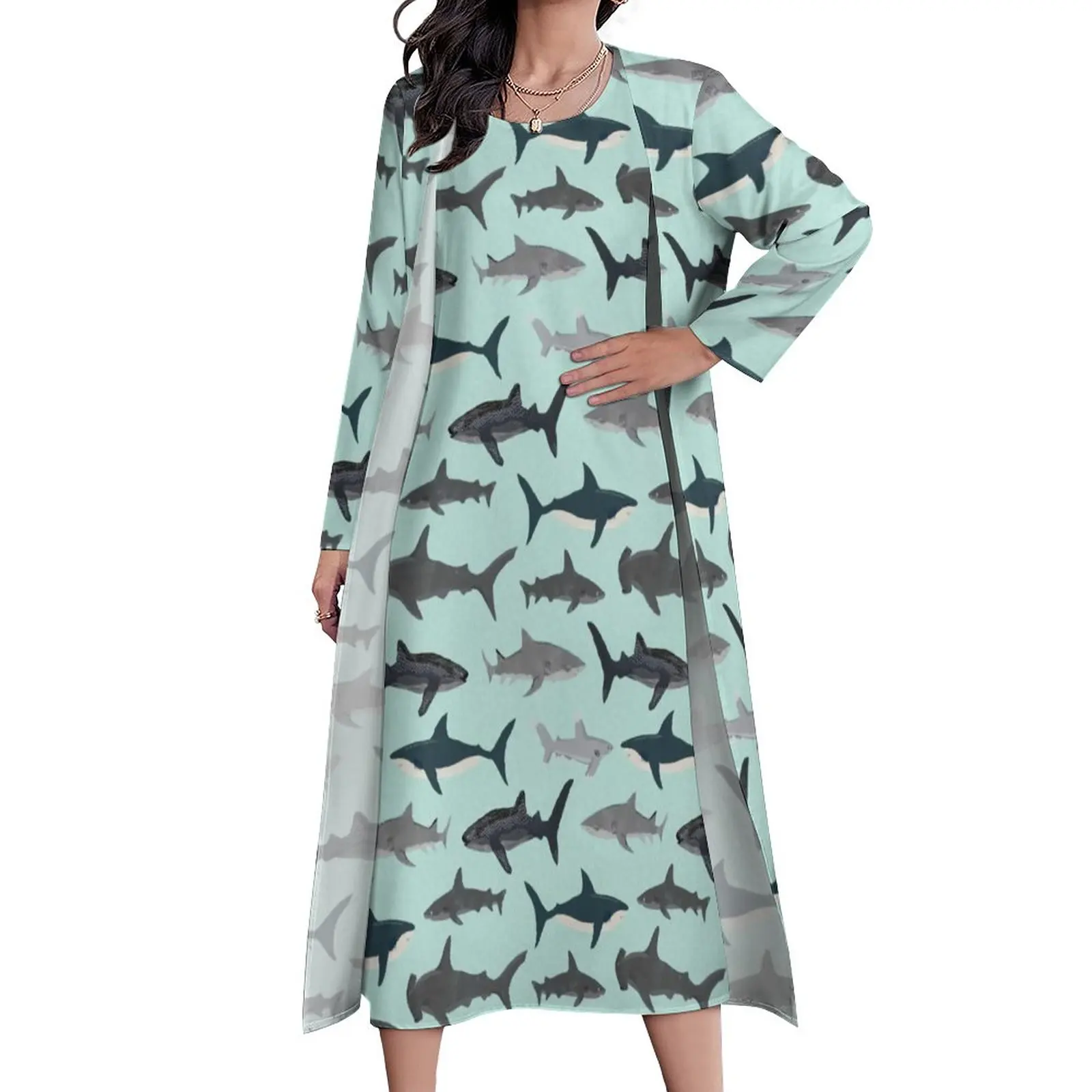 

Great White Shark Dress Sharks Illustration Art Print Elegant Maxi Dress Streetwear Bohemia Long Dresses Custom Oversize Vestido
