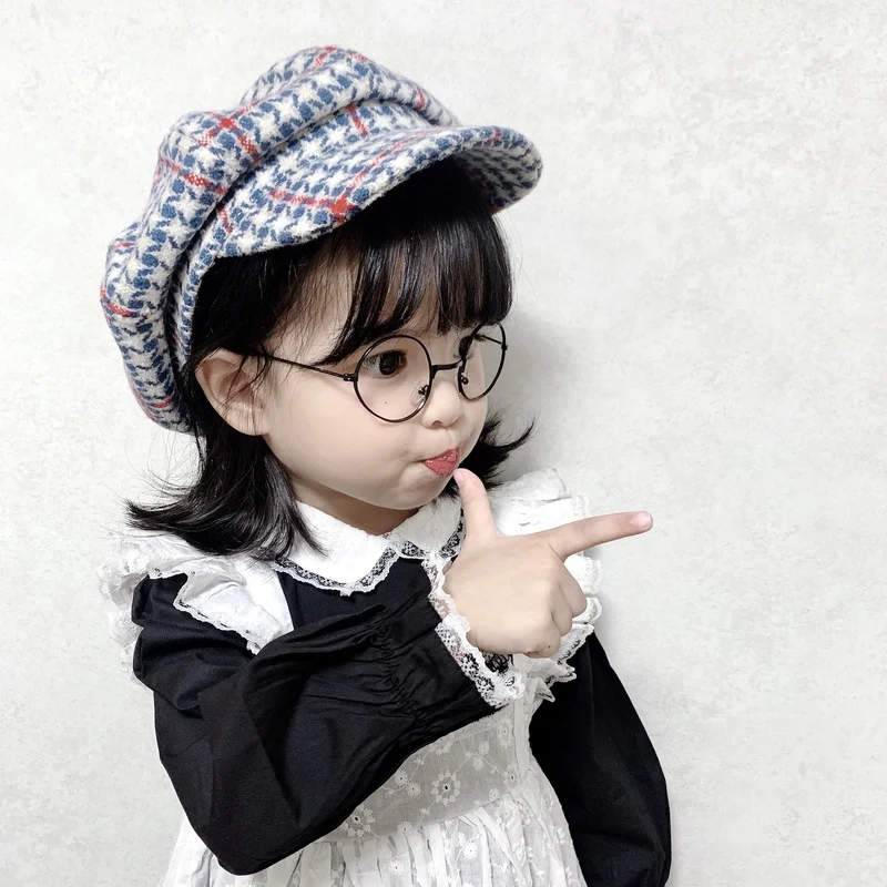 

New Children's Plaid Octagonal Beret Female Autumn And Winter Painter Hat Korean Wild Pumpkin Hat 2-8Y