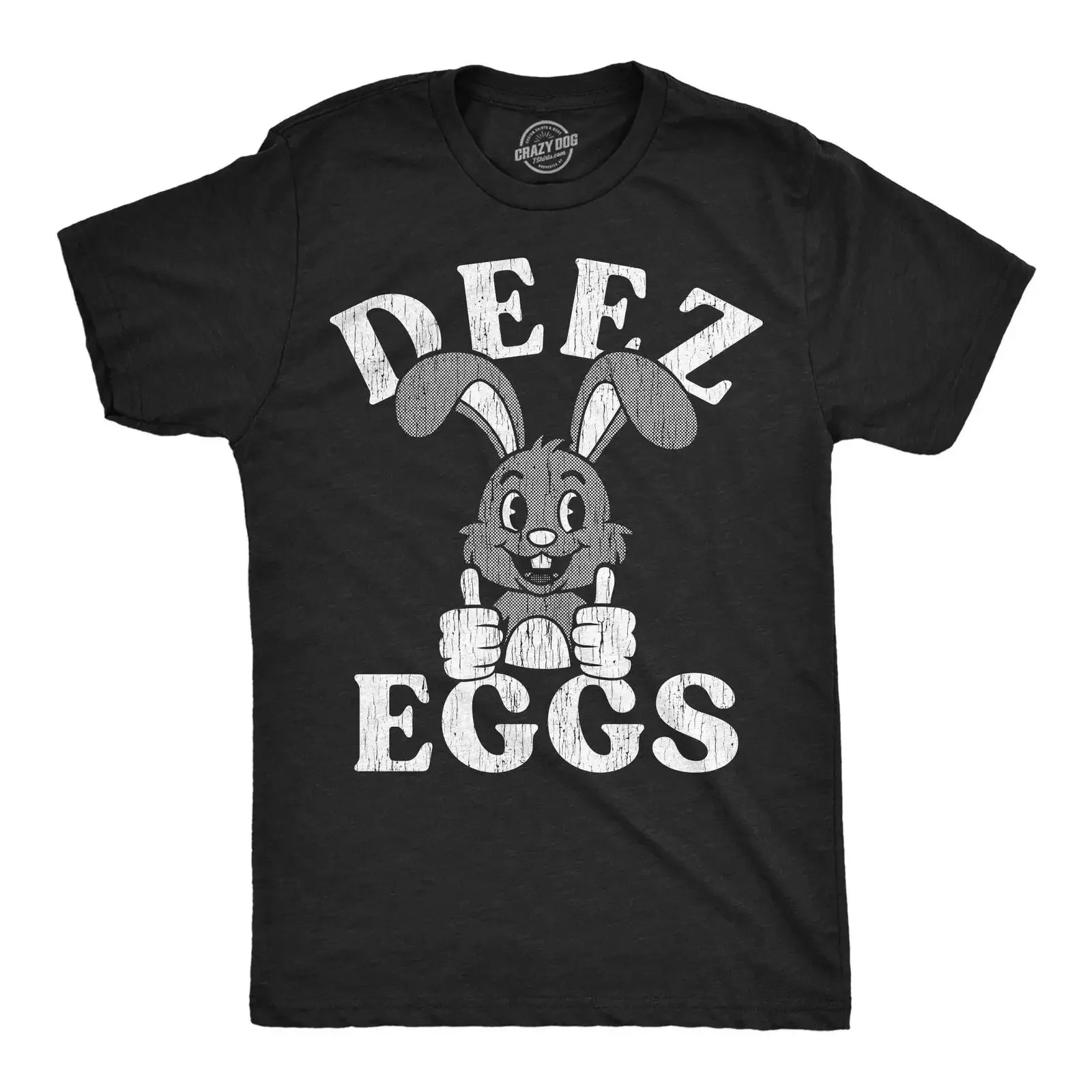 Фото Мужская забавная футболка Deez Eggs с саркастическим изображением пасхального кролика, винтажная, с эффектом потертости, эластичная, стильная, слегка облегающая. №1
