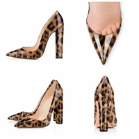 2022 spring and autumn woman sexy leopard print patent leather party shoes pointed toe square heel shoes