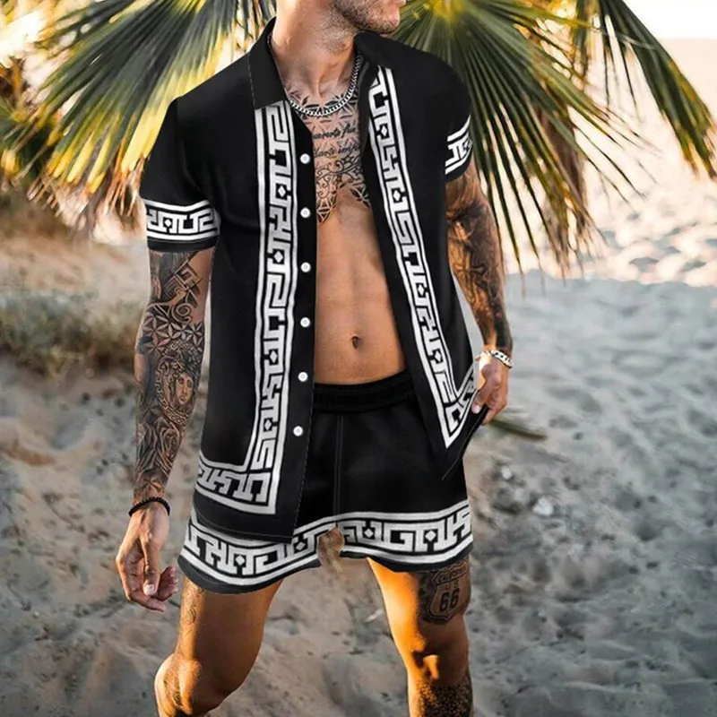 

New Tide Summer Men's Black White printed Hawaiian Set Short Sleeve Button Shirt Beach Shorts Streetwear Casual Man 2Pieces Suit