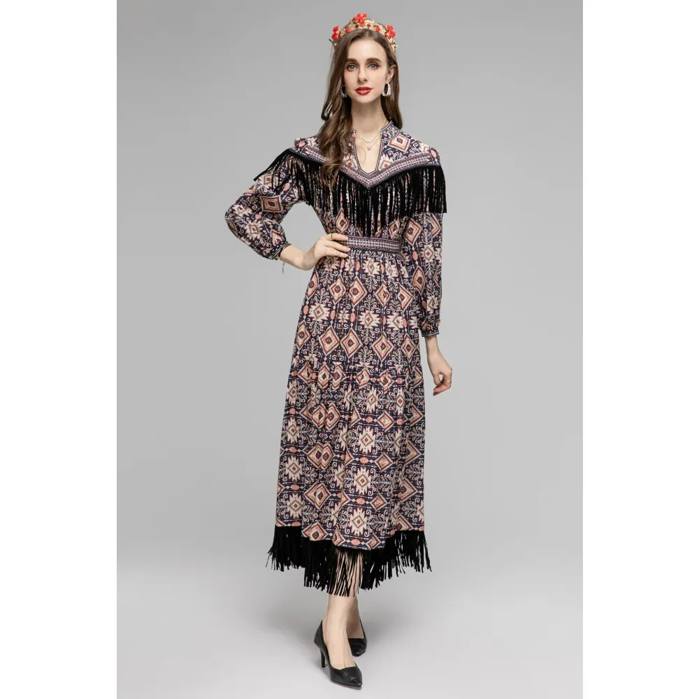 

2023 Early Fall New Dresses Women's Printed Splicing Classic Black Tassel Long Formal Commuter V Neck Long Sleeve Women Clothing