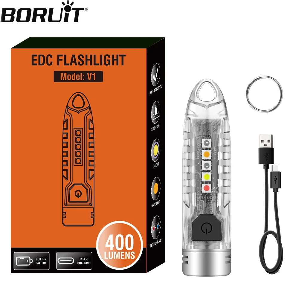 BORUIT V1 EDC Keychain Flashlight LED Work Light Type-C Rechargeable Portable Mini Torch Used For Camping Pocket Lantern
