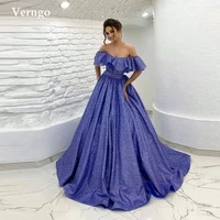 verngo shimmer purple tulle a line long prom dresses off the shoulder short sleeves princess dubai women pageant evening gowns