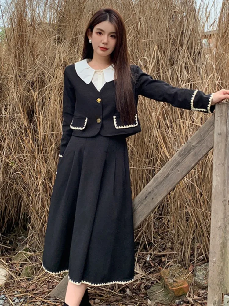 Женский винтажный костюм из 2 предметов элегантный черный пиджак и