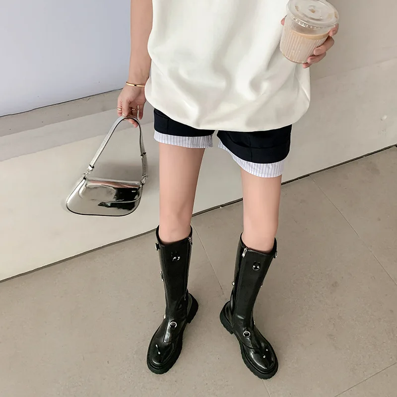 Women Knight Boots Autumn Personality Side Zip Thick Bottom Leather Boots Casual Waterproof Non-slip Shoes Botas De Mujer Largas