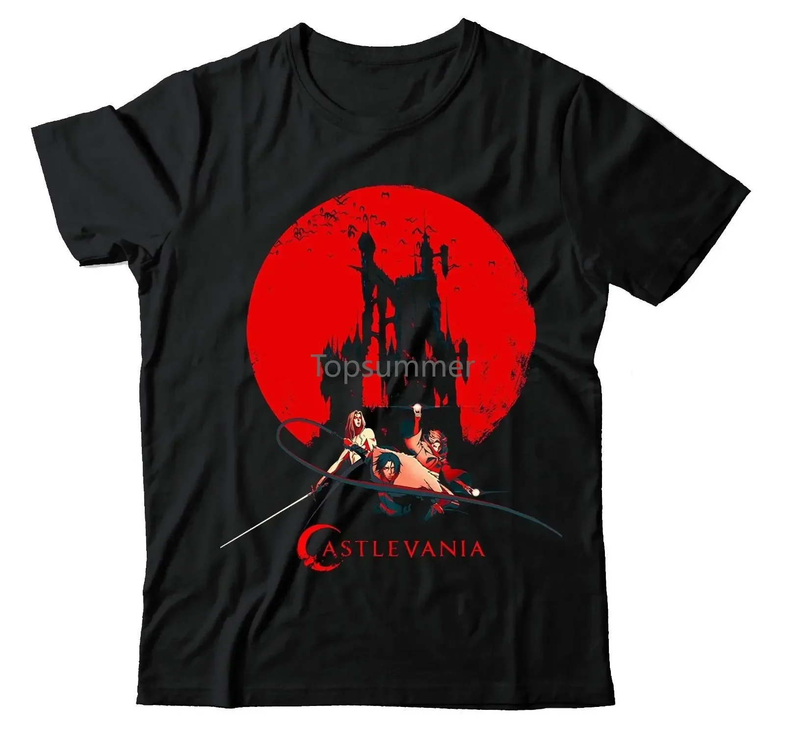 Castlevania аниме темная средневековая фантазия кровь луна унисекс футболка черная Wsn3
