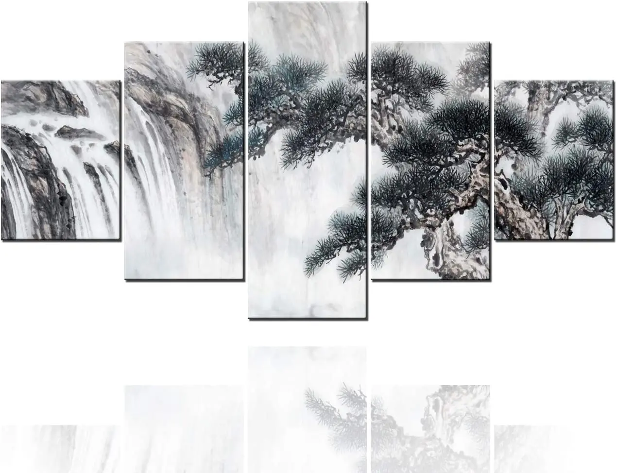 

5Pcs Pine waterfall Chinese style Ink wash landscape 5 Pieces Canvas Art Poster No Framed Modern Abstract Pictures Paintings