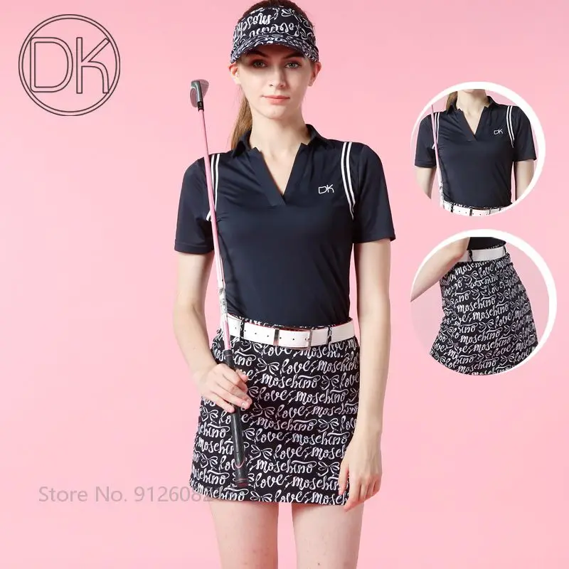 DK Women Slim Fit Golf Clothing Set Short-sleeved Sports T-shirt V-neck Golf Tops Ladies Quick Dry Skirt Printed Pencil Skorts