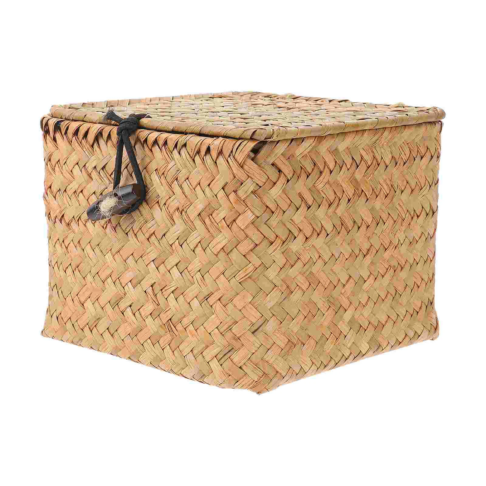 

Basket Storage Woven Box Straw Baskets Lid Wicker Seagrass Organizer Rattan Bins Tea Lids Seaweed Hyacinth Handwoven Makeup
