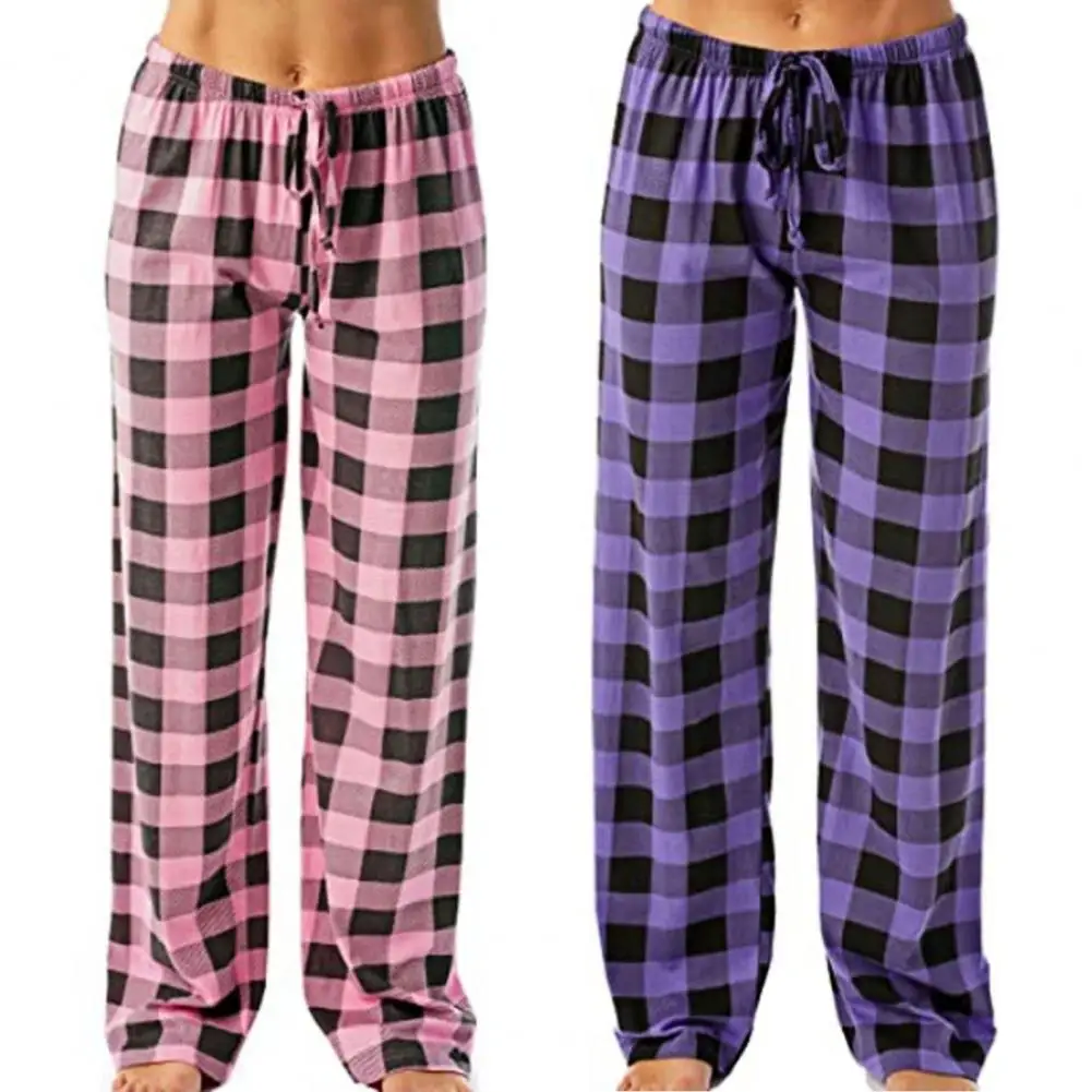 2023 Sleep Pants Women Wide Leg Plaid Pattern Elasticity Home Wear Cotton Loose Pajama Pants Trousers Summer