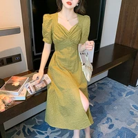 2022 summer new womens vintage dresses french v neck puff sleeve slim slit a line skirt dating vacation travel ladies clothing