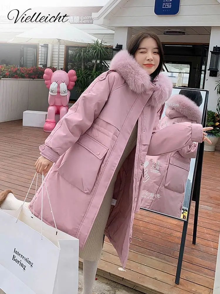 Vielleicht Women's Winter Jacket 2022 Fashion Ladies Coat with Fur Hood Long Oversized Jacket Loose Warm Outerwear Puffer Parkas