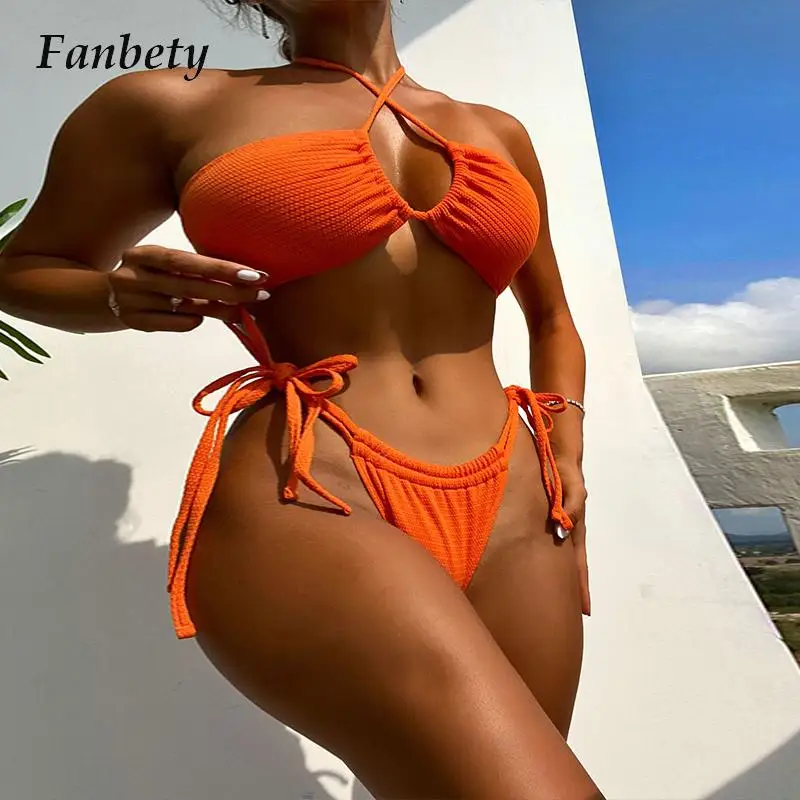 

Женский раздельный купальник с чашками пуш-ап, однотонный пикантный купальник из двух предметов, лямка через шею и стринги, пляжная одежда для купания, на лето