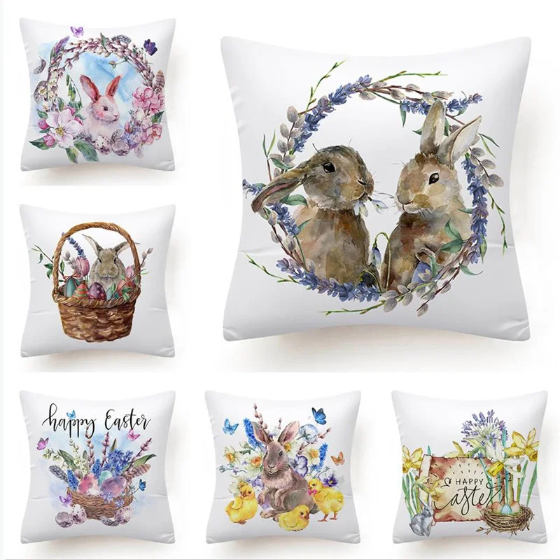 

Cushion Covers Easter Pillow Covers Cartoon Eggs Bunny Flowers Printed Cushion Cover Decorative Pillows for Sofa Home Decor