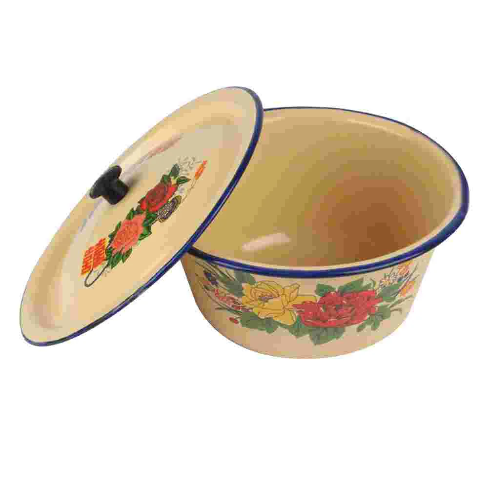 

1Pc Household Storage Basin Retro Enamels Pot with Lid Creative Soup Bowl