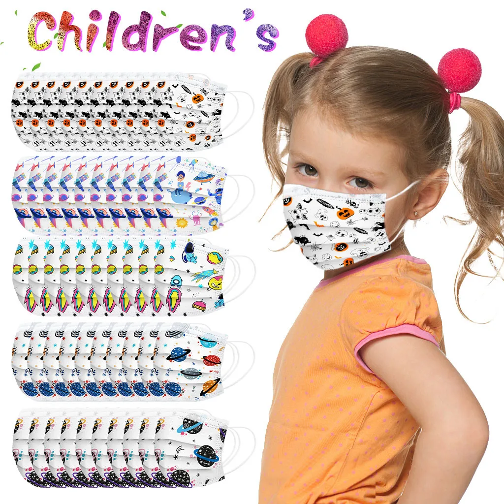 

50pc Kids Mask Print 3ply Ear Loop Child Breathable Mask For Face 4-12 Children Mask 3layer Disposable Masks Halloween Cosplay