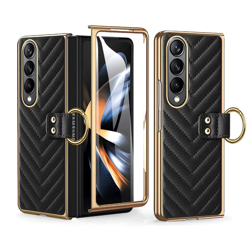 Фото Роскошный кожаный чехол в клетку для Samsung Z Fold 4, противоударный чехол из закаленного стекла с кольцом для Samsung Z Fold 5, чехол №1