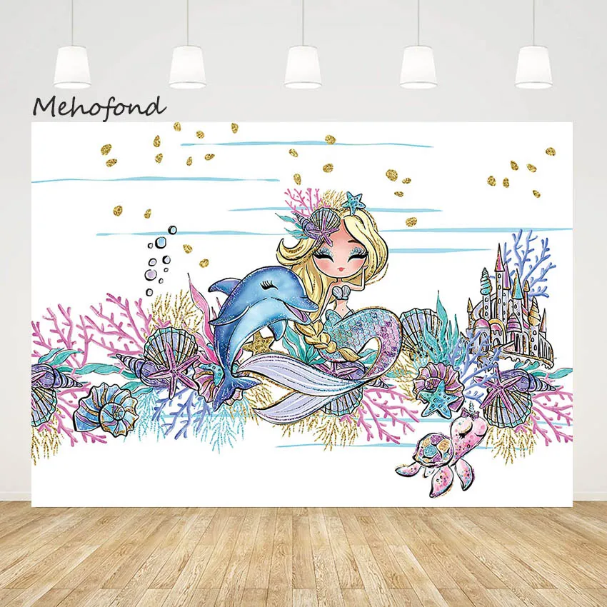 

Фон для фотосъемки Mehofond принцесса Русалка для дня рождения девочка блестящий хвост фотозона морская черепаха замок Декор Фон