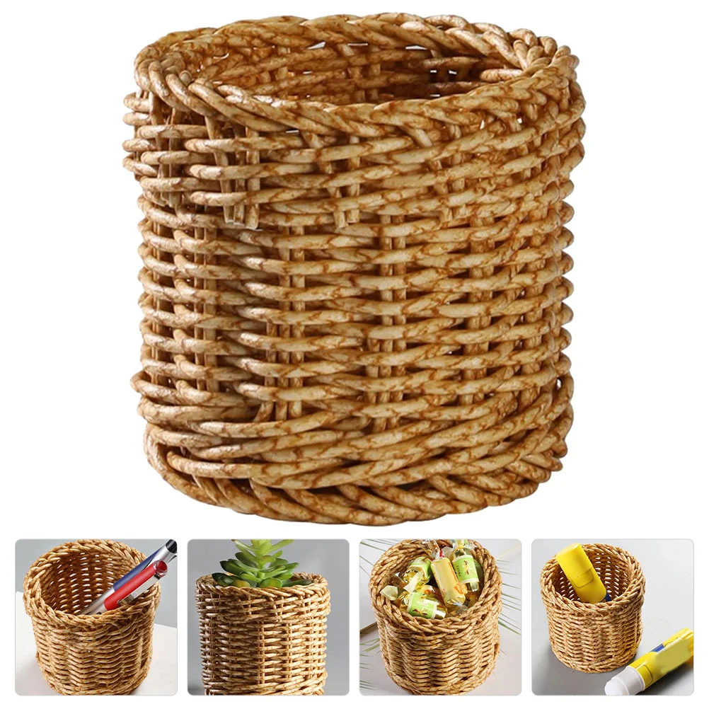 

Storage Basket Round Pen Holder Makeup Brush Container Imitation Rattan Tabletop Decor
