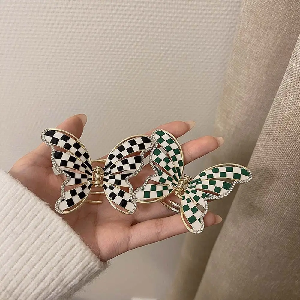 

For Girls Rhinestones Butterfly Checkerboard Women Hair Claws Shark Clip Geometric Grabs Clip Korean Ponytail Holder