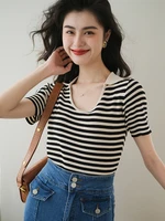 womens clothes knitted t shirt striped tshirt 2022 summer new casual short sleeve t shirt female all match tshirt clothing tops