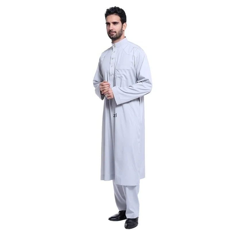 2 PCS Muslim Abaya Suit for Men Jubba Thobe Middle East Long Robes Kaftan Arab Dubai Adult Islamic Clothing