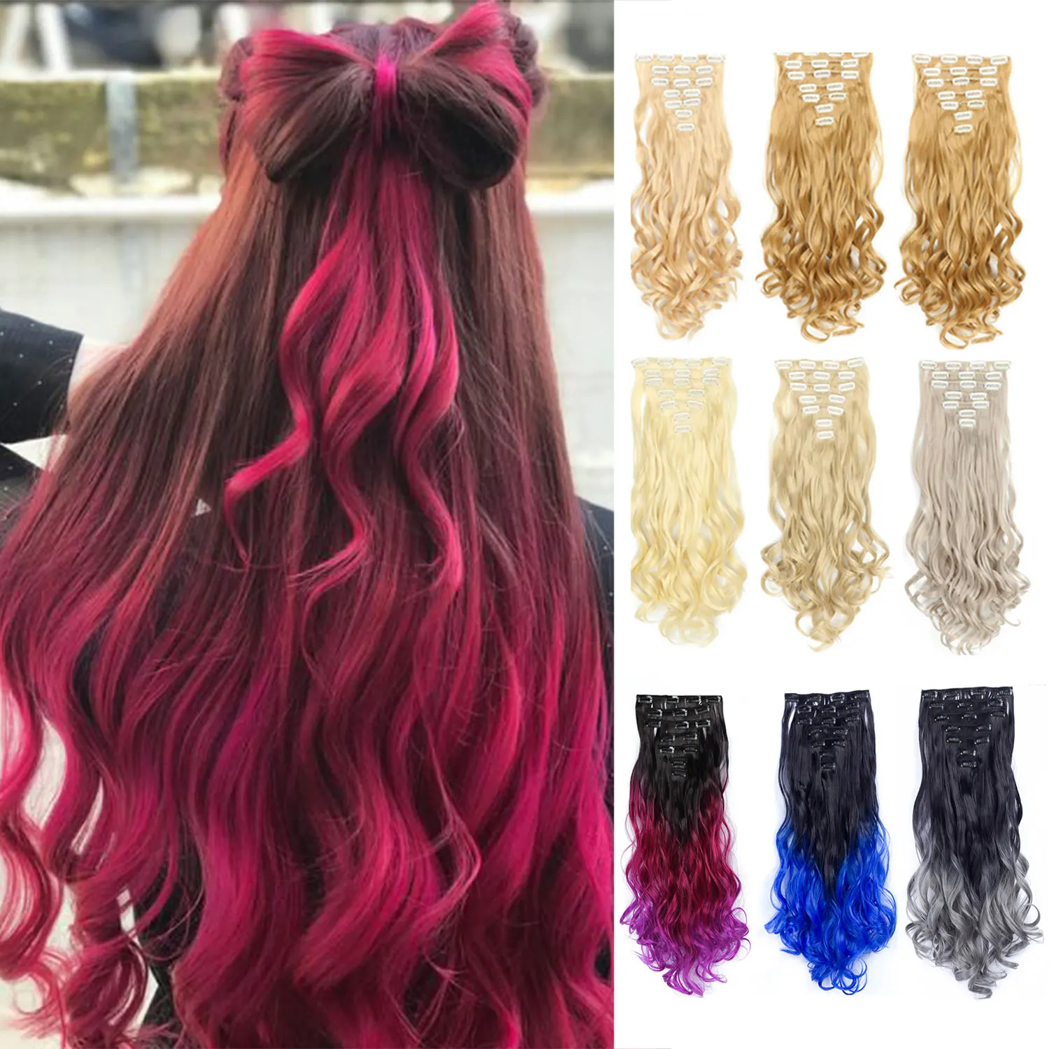 

24Inchs 16 Clips in Hair Extensions Long Straight Hairstyle Synthetic Blonde Black Hairpieces Heat Resistant False Hair