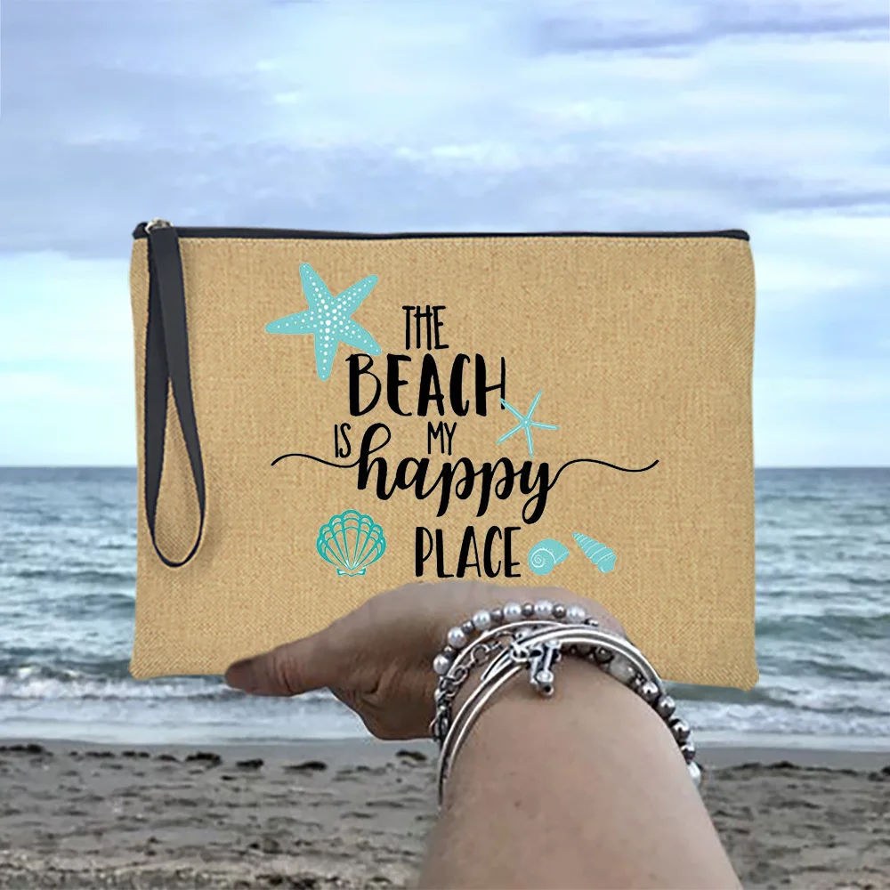 

The Beach Is My Happy Place Women Cosmetic Cases Bag Clutches Handbag Summer Vacation Lipstick Storage Zipper Travel Bags Gift